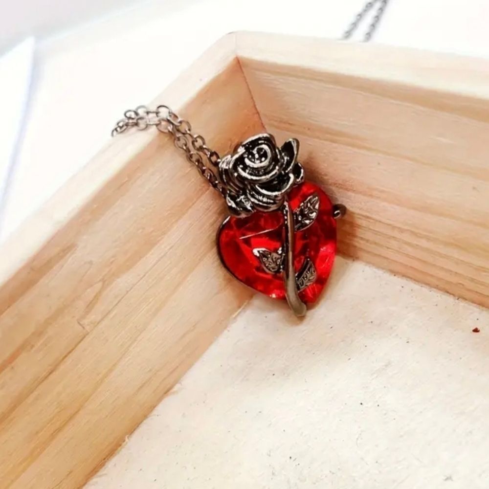Gothic Black Gun Plated Rose & Heart Diamond Entwined Pendant Necklace - Picture 3 of 6
